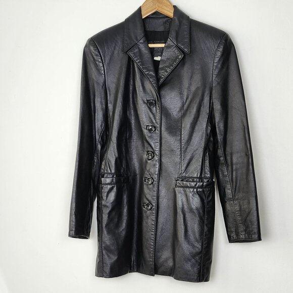 Vtg Late 90s Early 00s Women's Genuine Leather Long Black Button-Up Jacket Rock - Picture 6 of 16